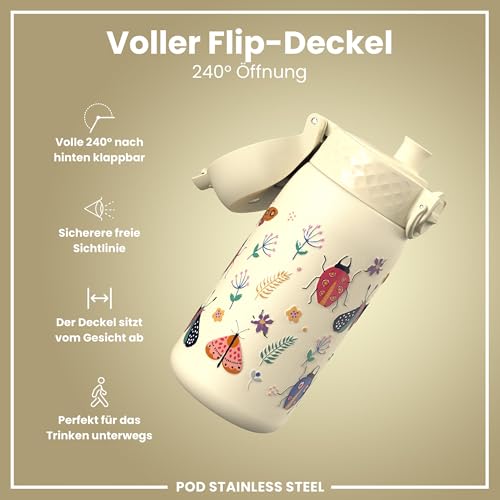 ion8 Kinder Trinkflasche Edelstahl Leicht 400ml Nicht Isoliert Auslaufsicher Einhandöffnung Sichere Verriegelung Spülmaschinenfest Klappdeckel Leicht zu Reinigen, Käferleben