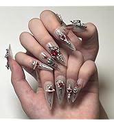 24Pcs Press on Nails,Almond Fake Nails Ivory White Acrylic Nails with Red Rhinestones and Butterf...