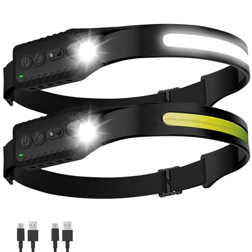 Stirnlampe Wiederaufladbar (2er-Pack) LED Kopflampe Taschenlampe, 230° Wide Beam Stirnband Licht, 400 Lumen Super Hell, Wasserdicht Scheinwerfer Bewegungssensor, 5 Modi für Laufen, Angeln, Wandern,