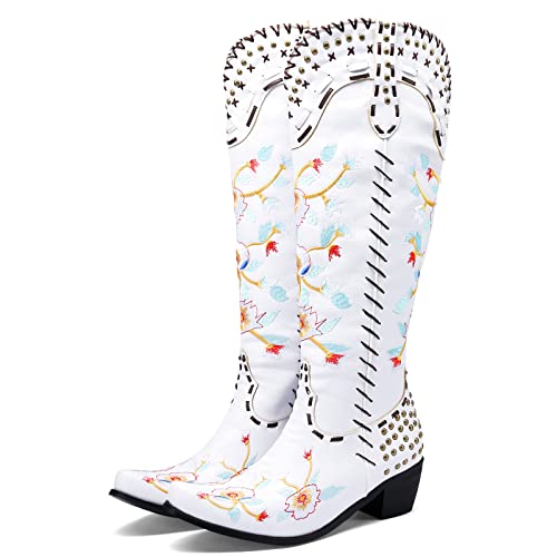 Image of YIYA Women's Star Cowboy Boots Black and White Cowgirl Boots with White Stars Pointed Toe Chunky Low Heel Pull-On Wide Calf Western Embroidered Boots