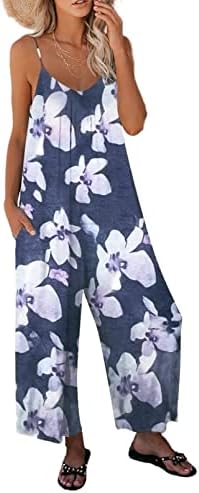 Happy Sailed Womens Casual Cami Jumpsuits Loose Floral Printed Wide Leg Long Pants Pockets Rompers Beach Playsuits Medium