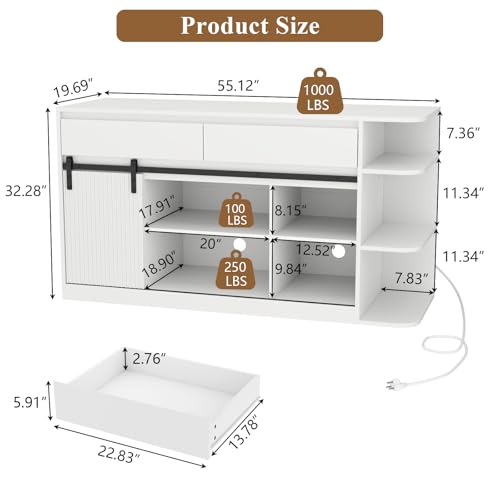 75-120 Fish Tank Stand with Power Outlets, Heavy Duty Aquarium Stand with LED Lights and Sliding Fluted Doors, White Storage Cabinet with 2 Large Drawers for Fish Tank, 1000 LBS Capacity