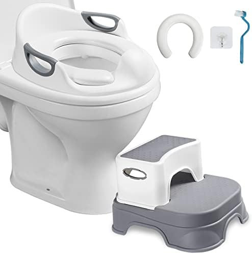 Potty Training Toilet Seat for Boys and Girls, Toddler Toilet Seat with Step Stool, Toddler Potty Seat for Toilet with Kids Step Stool, 2 Cushions, 1 Cleaning Brush and Hook, Grey