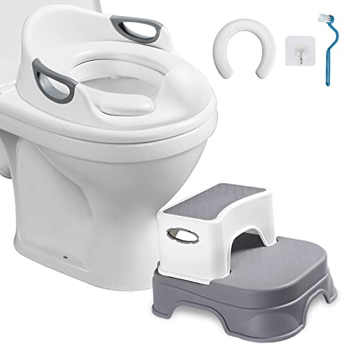 Potty Training Toilet Seat For Boys And Girls, Toddler Toilet Seat With Step Stool, Toddler Potty Seat For Toilet With Kids Step Stool, 2 Cushions, 1 Cleaning Brush And Hook, Grey #TOP10
