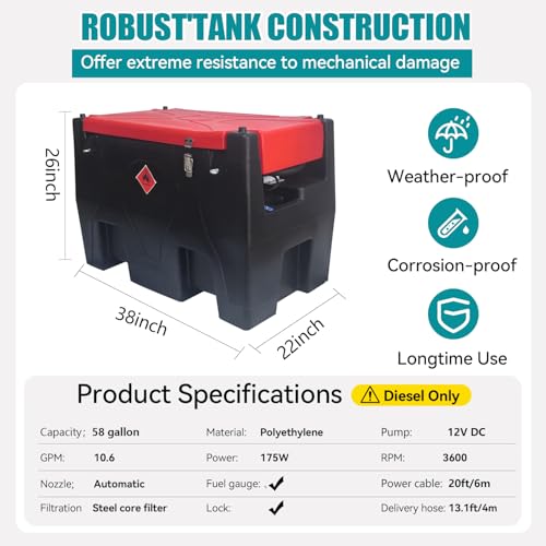 CreFiTech 58 Gal Fuel Transfer Tank, 12 GPM Portable Fuel Tank with 12V Fuel Transfer Pump,PE Only Diesel Transfer Tank with 13.1ft Hose/Auto Fuel Nozzle/360°Swivel Connector for Easy Fuels Transportation