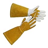 OLSON DEEPAK Grain Leather MIG Gloves with Split Leather Palm Reinforcements, Split Leather Back, Cotton Lining, Seamless Forefinger and Elastic Back (White-Golden)