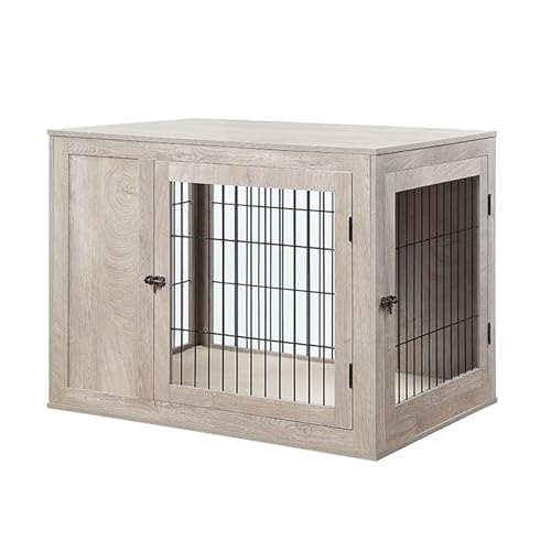 ダブルドア木製犬用クレート、中型犬用クレート、ダブルドアマグネットアングルと外部ロック、快適なクッション付き、屋内に最適(White - Large)