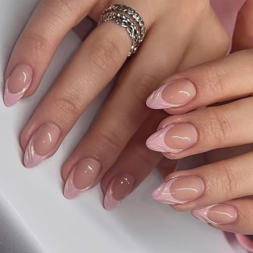Image of Pink French Tip Press on Nails 3D Wave Fake Nails Spring Summer Glue on Nails Medium Almond False Nails with Design Reusable Artificial Acrylic Full Cover Nude Stick on Nail for Women Manicure 24Pcs