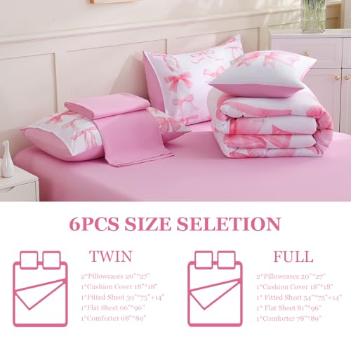 Image of DORCAS Bow Full Size Comforter Set for Girls,6 Pieces Bed in A Bag Pink Bow Bedding Sets with Sheets for Kids