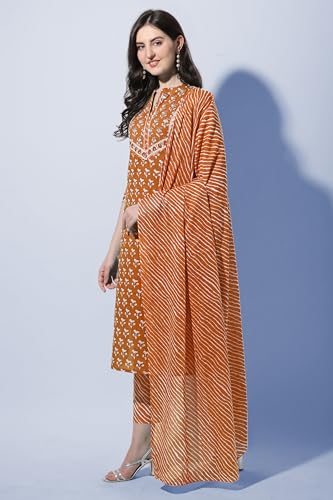 Image of MIRCHI FASHION Pure Cotton Women Straight Printed Embroidery Work Kurti Set with Dupatta and Pant
