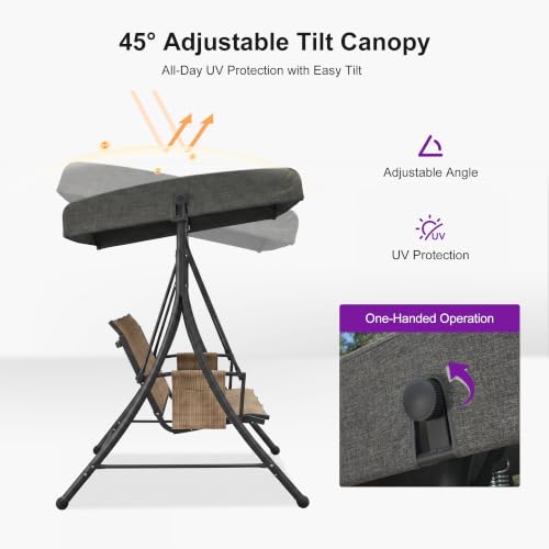 Image of PURPLE LEAF 3-Seat Outdoor Porch Swing with Adjustable Canopy, Heavy Duty Aluminum Frame Patio Swing Chair for Adults, Ideal for Backyard Patio Poolside, Camel