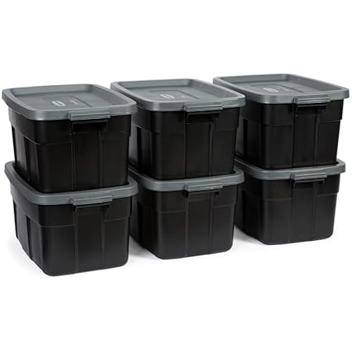 Rubbermaid Heavy Duty Black Storage Bins Plastic Totes with Lids for Storage, Stackable, Large Capacity, Durable, Multipurpose, 14 GAL, 6 Pack (14 GAL - 6 Pack Solid Black and Grey)