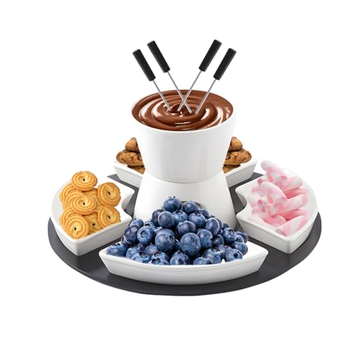 Fonduta di cioccolato in ceramica, set per fonduta con pallet in legno, 4 forchette, 4 ciotole per snack, fontana di cioccolato con funzione di fusione, fonduta di cioccolato per cene di famiglia