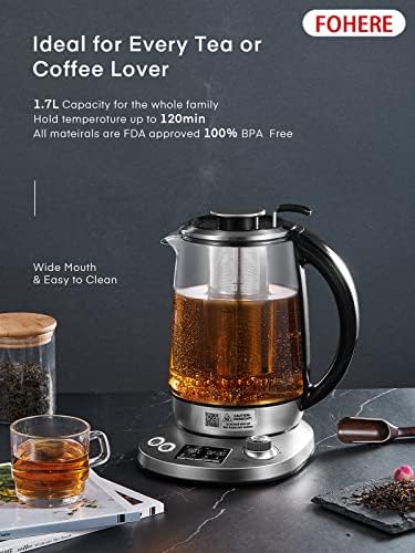Kettle Electric with Variable Temperature Control - FOHERE Smart Glass Tea Kettle with 9 Presets - LCD Display - 2Hr Keep Warm - Removable Tea Infuser - Boil-Dry Protection - 2200W - 40~100