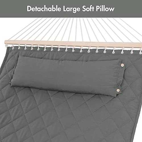 Anow 2 Person Hammock With Spreader Bars And Detachable Pillow, Quilted Hammock For Outdoors Indoors, 450 Lbs Weight Capacity, Gray #TOP6