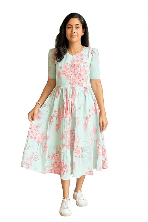 Women's Floral Print Tiered Midi Dress, Puff Sleeves, Square Neck, Button Detail-picture-37