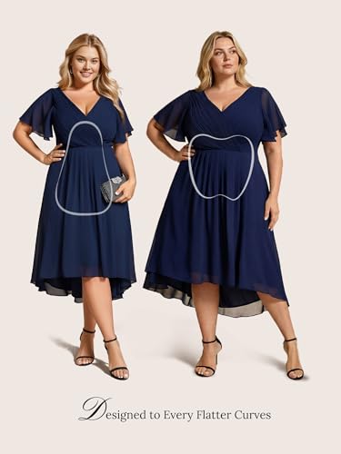 Image of Ever-Pretty Women's Spring Chiffon V-Neck Plus Size Formal Wedding Guest Dress Short Sleeves Cocktail Dresses for Curvy Women Navy Blue US10