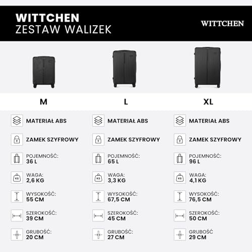 WITTCHEN Stripes Line Zestaw walizek Walizki podróżne Twardy bagaż ABS 4 podwójne kółka Teleskopowy uchwyt Zamek szyfrowy Czarny