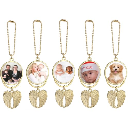 Sublimation Blanks Hanging Ornament, Car Rearview Mirror Pendant with Sublimation Blank, Angel Wing Hanging Ornament for Keychain Car Christmas Decor (Gold-5PC)
