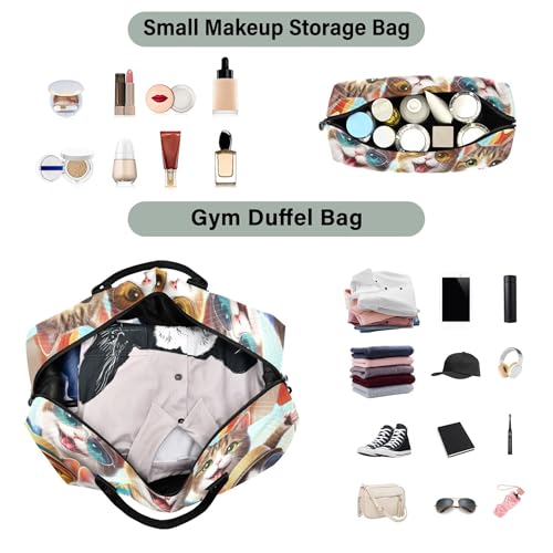 Funny Animals Cute Cats Duffle Bags Travel Toiletry Bags Set of 2, Cute Print Luggage Bag Weekend Bag Duffel4