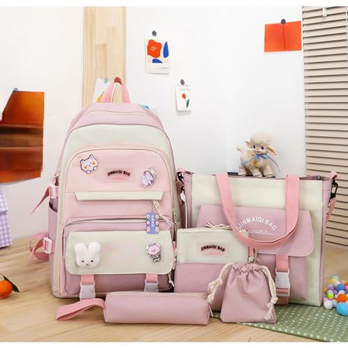 Feigujin 5Pcs Kawaii Cute Backpacks Combo Set with Bear Pendant Pins Patchwork Japanese Aesthetic Anime Bunny Daypack Bag Kit (Pink)
