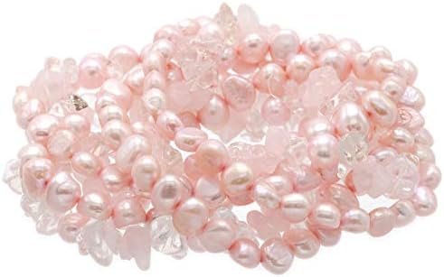 LTC Designs Set of 7 Dyed Pink Cultured Freshwater Baroque (5.5-6mm) Pearl and Rose/Crystal Quartz Stretch Bracelets, 7.5" for Women and Girls