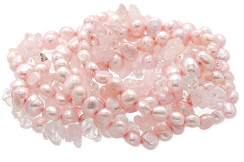 Ltc Designs Set Of 7 Dyed Pink Cultured Freshwater Baroque (5.5-6Mm) Pearl And Rose/Crystal Quartz Stretch Bracelets, 7.5" For Women And Girls #TOP4