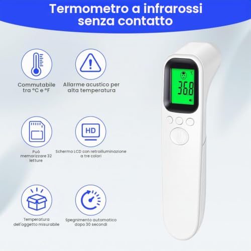 Quarta immagine AOOSU Termometro Frontale Digitale, Termometro Infrarosso per Neonati Bambini, Senza contatto, retroilluminazione 3 colori, lettura istantanea 1s, allarme febbre, memoria letture, per uso domestico