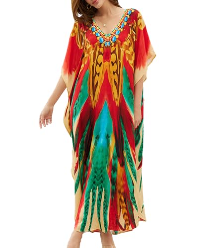 Snyemio Damen Strandkleid Bohemian Strand Kaftan Maxi Lang Bunte Sommerkleid Große Größen,Farbe 5,Einheitsgröße