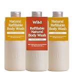 Wild Natural Refillable Body Wash 300ml - 3 Pack of Shower Gel Refills in a Variety of Scents - Includes Honey & Almond, Amber & Oud and Santorini Sunset Scents