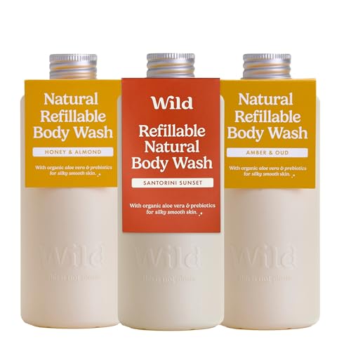Wild Jabón Líquido Recargable Natural 300ml - Pack de 3 Recambios de Gel de Ducha en Varias Esencias - Incluye las Esencias Honey & Almond, Amber & Oud y Santorini Sunset