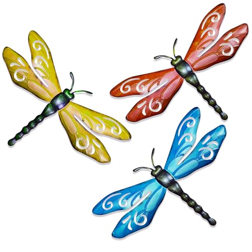 PLASUPPY Metal Dragonfly Wall Decor Outdoor Garden Fence Art Hanging Decorations for Patio, Yard, Indoor Home, Living Room, Bedroom, 3 Pack (Small)