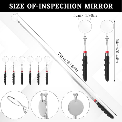 6 Pcs Telescoping Inspection Mirror, Extendable 28.3 Inch Mechanics Mirror Tool with Long Handle, Under Vehicle 360 Rotation Round Inspection Mirrors for Technicians Checking Vehicle Condition
