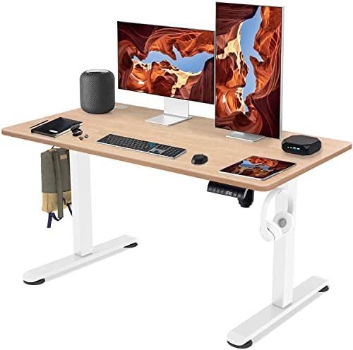 KAIMENG Height Adjustable Electric Standing Desk, 160 x 80 cm Sit Stand Desk, Stand Up Home Office Desk with Splice Board, White Frame/Maple Top