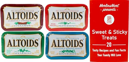 Altoids Curiously Strong Breath Mints - 4 Flavor Variety - (1) Tin each: Peppermint, Wintergreen, Cinnamon, Spearmint (1.76 Ounces) - Plus Recipe Booklet Bundle