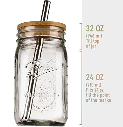 Reusable Boba Bubble Tea & Smoothie Cups - 2 Glass Wide Mouth 32 Oz Mason Jars With Bamboo Lids - 2 Reusable Silver Stainless Steel Boba Straws #TOP2