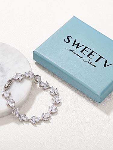 Sweetv Wedding Bracelet For Brides, Bridesmaids, Crystal Bridal Bracelet For Wedding Jewelry, Rhinestone Cubic Zirconia Tennis Bracelets For Women Prom, Silver #TOP6