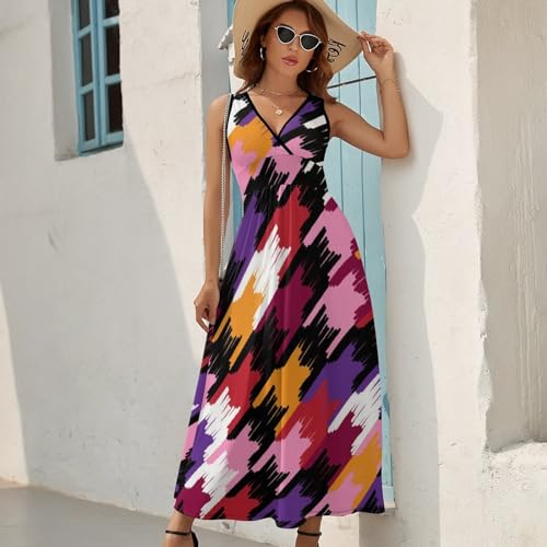 Robe Maxi sans Manches en Couleur Abstraite avec Col V Fluide et Léger