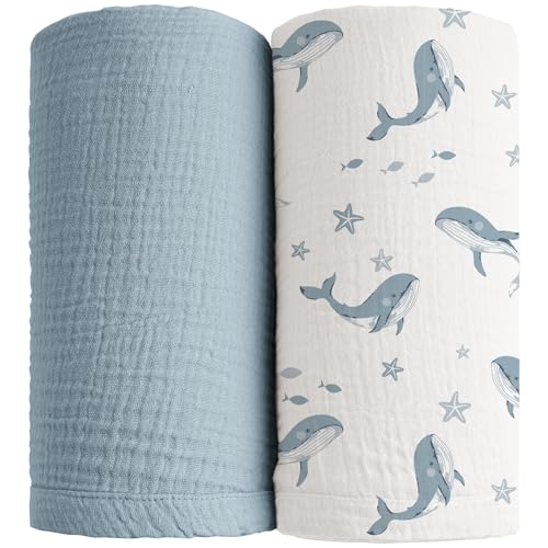 Image of Konssy 2 Pack Muslin Swaddle Blankets, 100% Cotton Receiving Blanket Large 47 x 47 inches for Baby Boys Girls, Soft Breathable Muslin Baby Blanket for Newborn (Blue Whale,Blue)