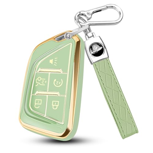 Image of QBUC for Cadillac Key Fob Cover with Leather Keychain (Gold Trim Green) | Soft TPU Protection Case Compatible with 2020-2026 Cadillac Escalade Lyriq Optiq 5-Buttons