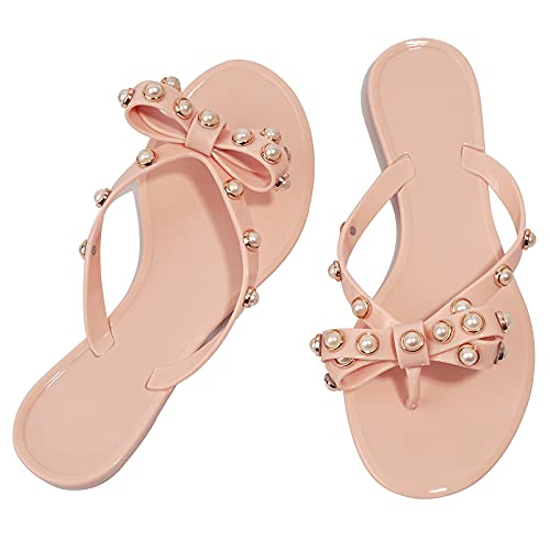 Image of TYFLOVE Women Rivet Flip Flops Studded Jelly Thong Sandals with Bow Summer Bowtie Flat Beach Rain Shoes