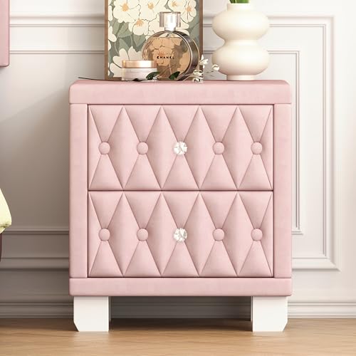 Merax Nightstand with Drawers Set of 2, Upholstered Velvet Bedside End Table for Small Bedroom, Pink by Merax - Image 3