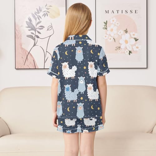 ALAZA Cute Alpaca Moon Star Pajamas Satin Pajama Set Short Sleeve Button Down Sleepwear4