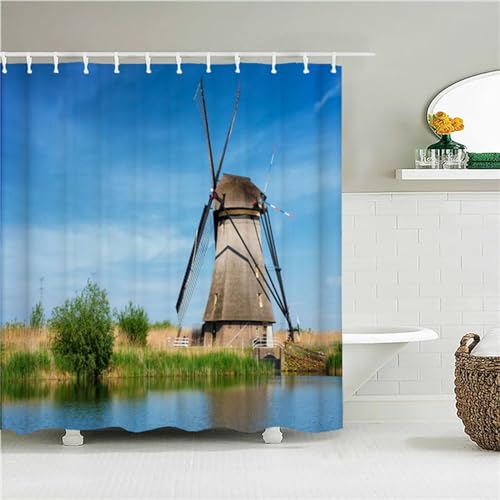 Duschvorhang Windmühlen-Wasseroberfläche 120x120cm Duschvorhäng Anti Schimmel,Wasserabweisend Stoff Duschrollo Waschbar,3D Draussen Bad Vorhang Schnell Trocknend,Badewanne Badezimmer Decor Vorhänge