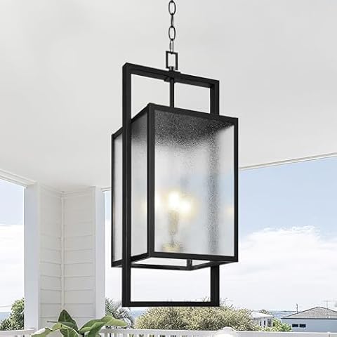 LamQee 22.8'' Modern Large Outdoor Pendant Light 3-Lights Outside Ceiling Hanging Lanterns 40W, IP44 Black and Gold Candelabra Exterior Chandelier Lighting Fixtures for Porch Front Door Entry Patio Cover