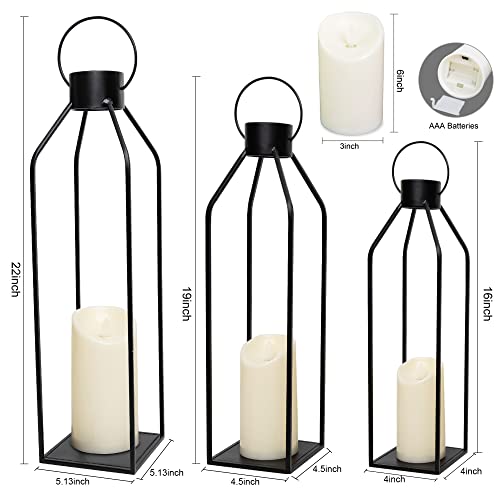 Hpc Decor 22'' 19'' 16'' Lanterns Decorative W/ Flickering Timer Candles- Tall Large Black Metal Candle Lanterns Set Of 3- Modern Farmhouse Lanterns Decor For Indoor,Outdoor,Tabletop,Porch (No Glass) #TOP5