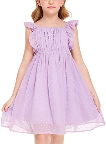 Flypigs Old Girls Ruffle Sleeves Casual Birthday Dress with Lined Summer Casual Dress for 7-8 Years Kids Purple
