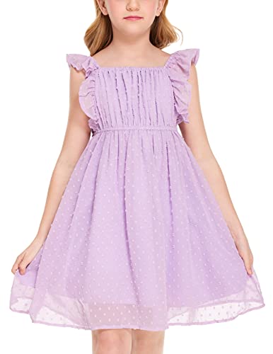 Flypigs Old Girls Ruffle Sleeves Casual Birthday Dress With Lined Summer Casual Dress For 7-8 Years Kids Purple #TOP12