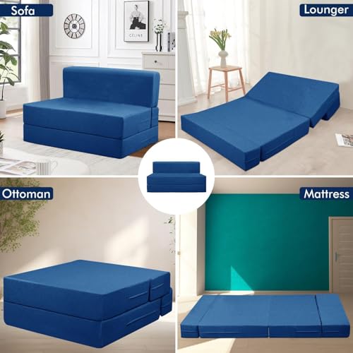 Image of Rosebell - One Seater Sofa Cum Bed, Foldable Sofa Bed 3 X 6 Feet, Jute Fabric- Washable Cover- Including 1 Cushion Perfect for Home & Office - Blue-Color