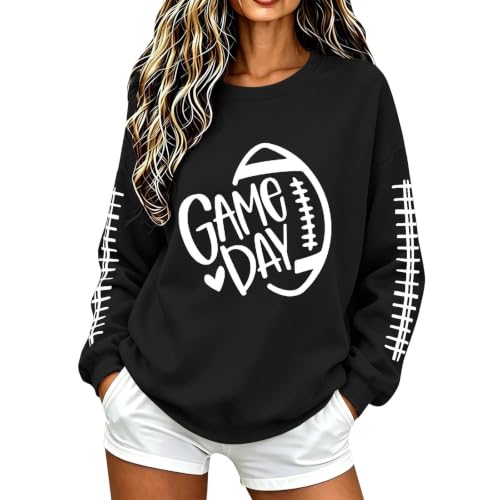 Womens Football Sweatshirt Dressy Casual Long Sleeve Crew Neck Cute Graphic Print Tops Plus Size Lightweight Polyester Pullover Soccer Blouses 2026 Ladies Loose Fit Football Season Clothes Black
